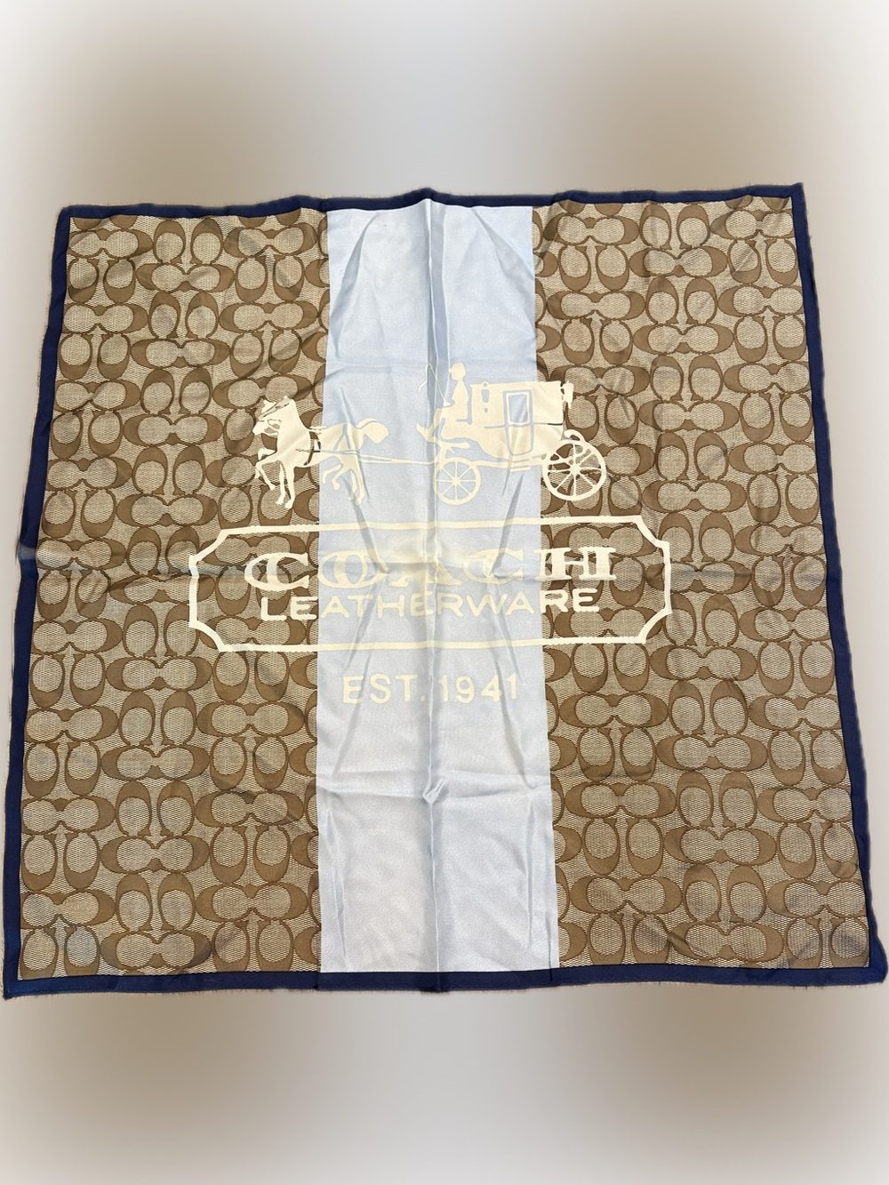 Coach Logo 100% Silk Scarf in Tan, Light Blue & Cream